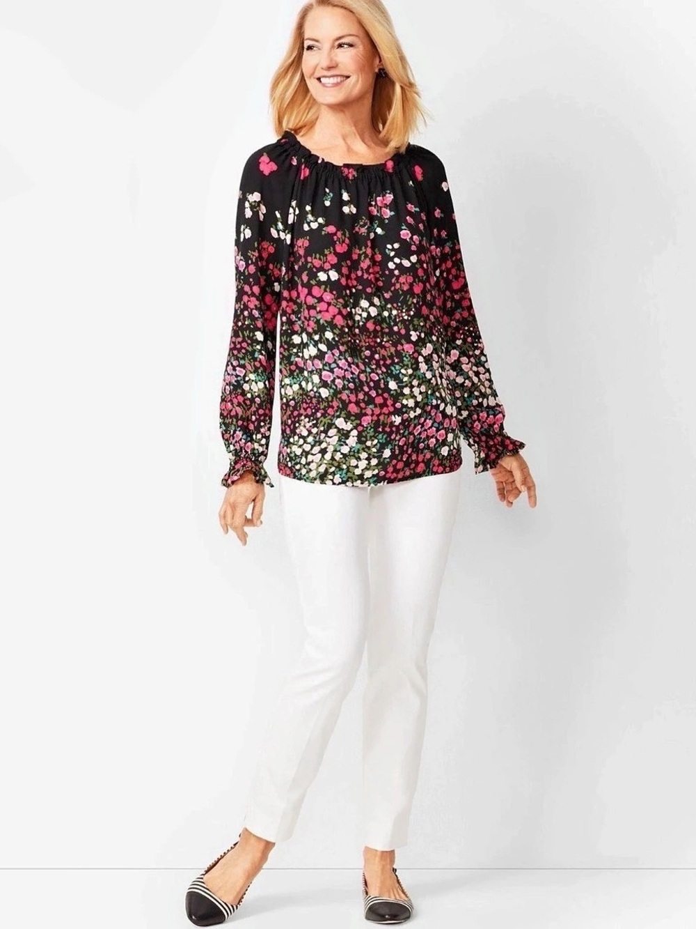 NWT - RSVP by Talbots Black Floral Ruffle Neck Blouse Floral Blouse in Black pin